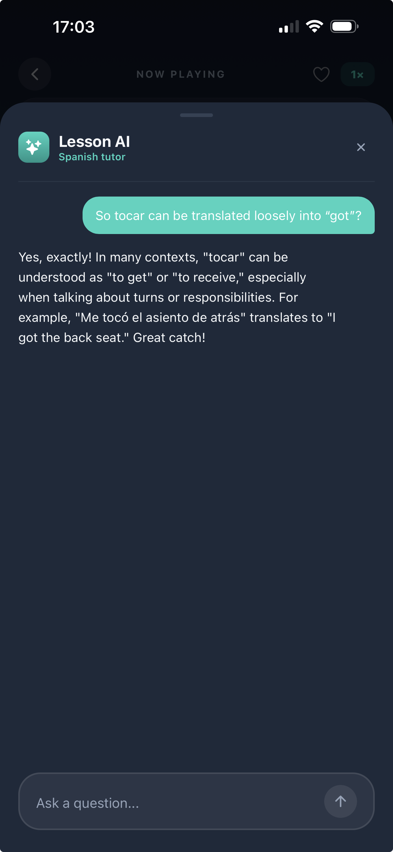 Lesson AI answering a grammar question about tocar