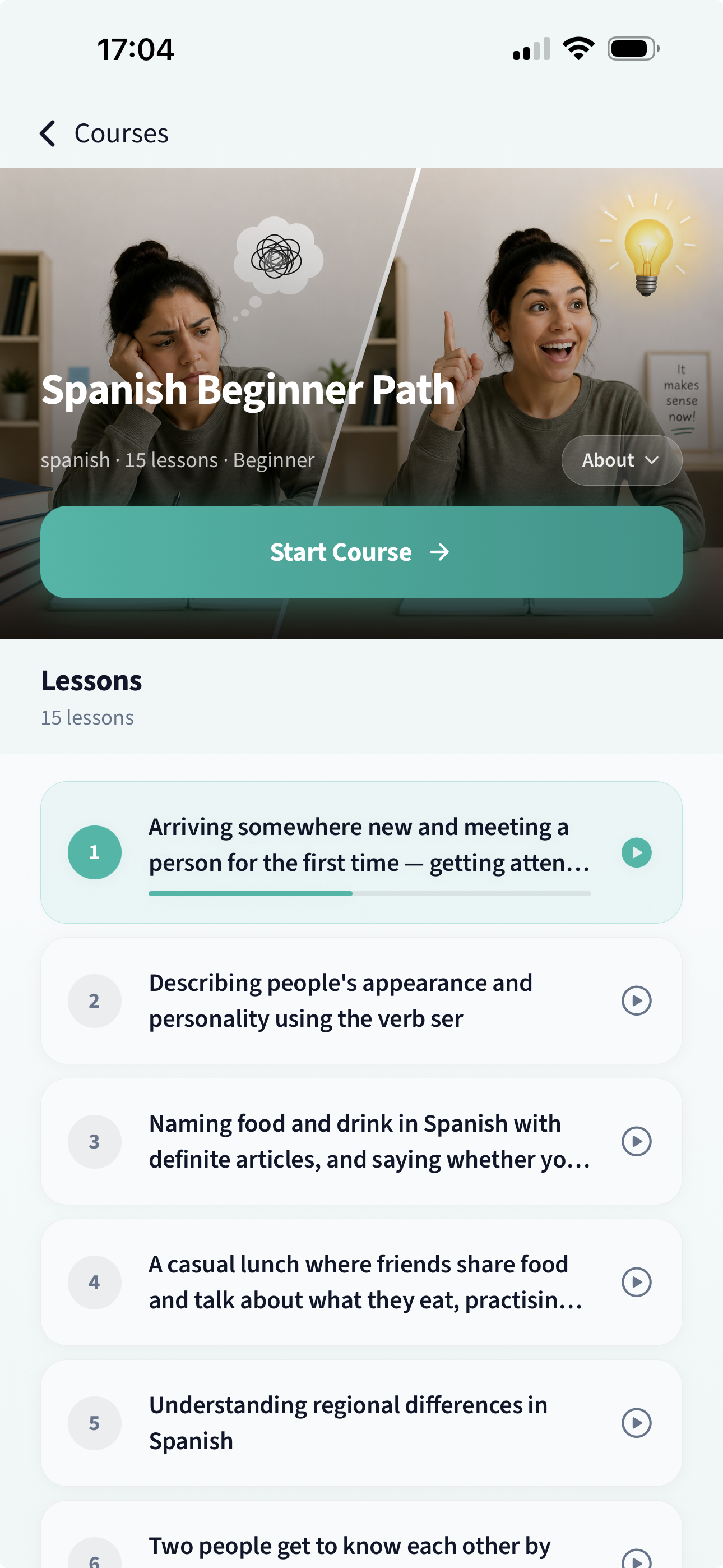 Spanish Beginner Path course with 15 lessons