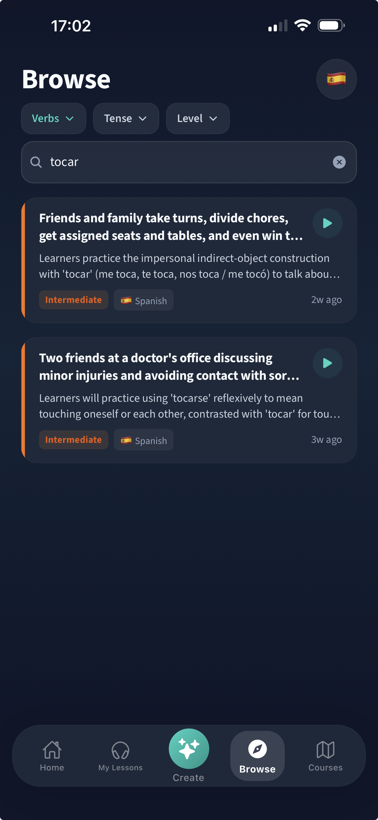 Browse screen showing searchable lesson scenarios